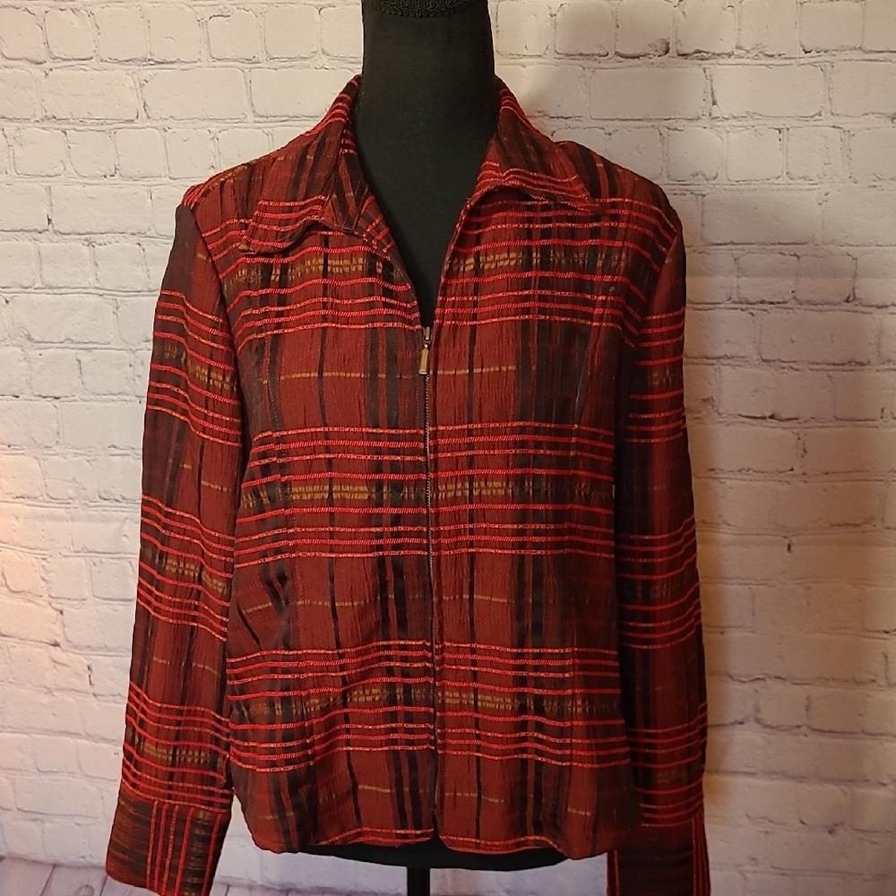 Red Black Gold Plaid Petite Large Full Zip Lightweight Stretch Jacket Blazer